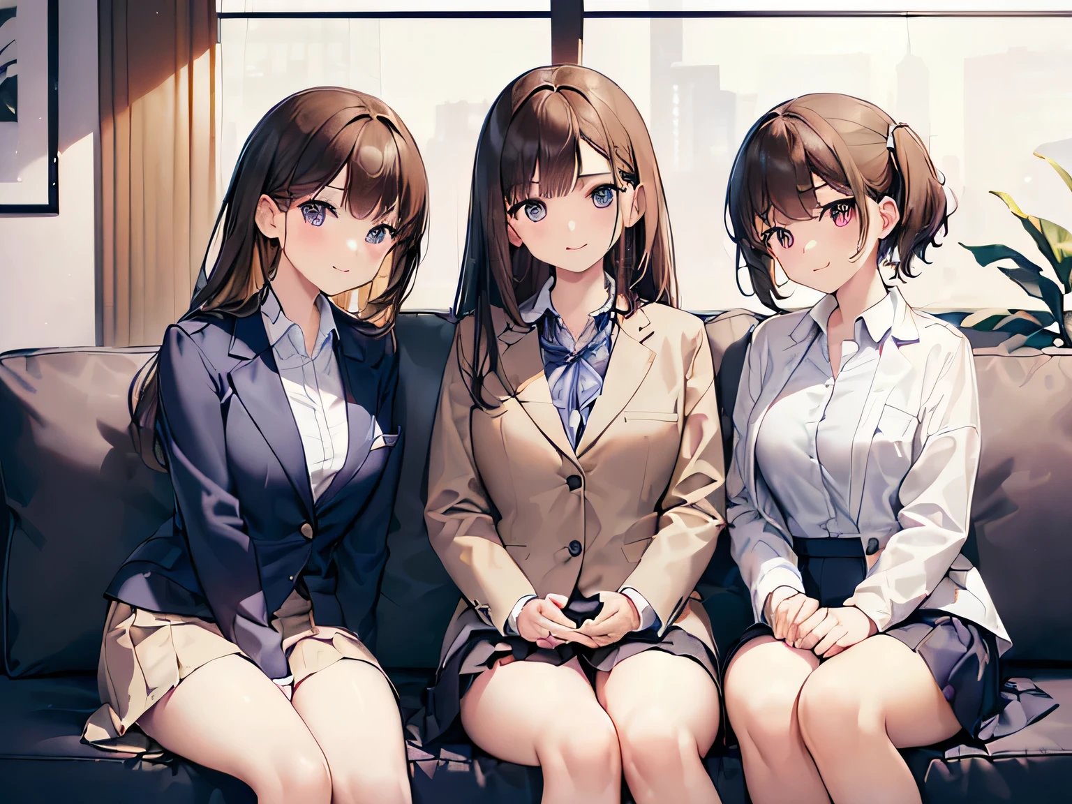 (Masterpiece, highest quality, high resolution, realistic photo, realistic looking skin:1.1),
(Three women are sitting on a couch in a break room in the office:1.8),
(all with happy smiling faces:1.5),
(The first person is wearing a gray blazer and a plain white T-shirt, the second person is wearing a navy blue blazer and a white collared shirt, and the third person is wearing a beige blazer and a plain white T-shirt:1.8),
(All are wearing mini-skirts:1.8),
(All are wearing pumps on their feet: 1.8),
(The first has long black hair, the second has medium brown hair, and the third has long brown hair:1.8),
(The first has a mature face, the second has an age-appropriate face like mid-twenties, and the third has a young face:1.5),
(Location: a couch in a break room in the company:1.5),
1 Japanese girl, solo, full bodied esbian, beautiful eyes, glowing eyes, glowing thighs, NSFW