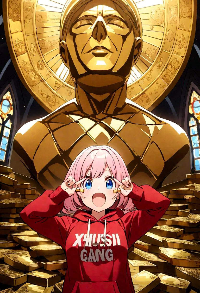 A poster of an anime girl with pink hair wearing a red hoodie holding up a gold ring, doing gang signs in front of giant golden money sculptures. "MUSIC" is written on the bottom n the style of an anime artist, with a background of a church made of glass windows and lots of cards and rings scattered around. The title text says "XHOSHII"