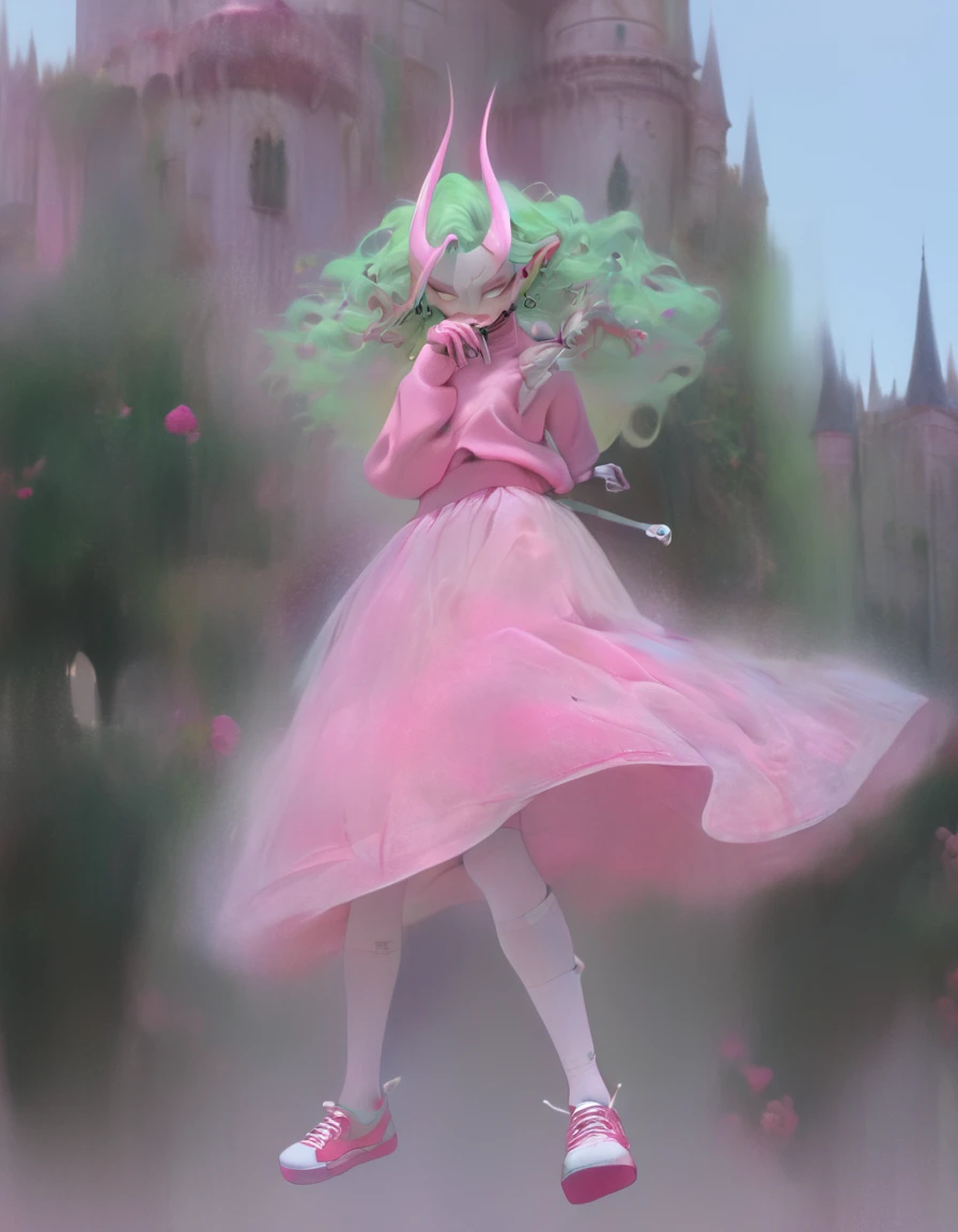 albino demon girl standing with ( green curls hair:1.3) , walking through pink rose bushes and castle in the distance, pink turtleneck sweater with (tulle skirt:1.2), braces, chewing gum , winking ,(long intricate horns:1.2) sneakers with socks,