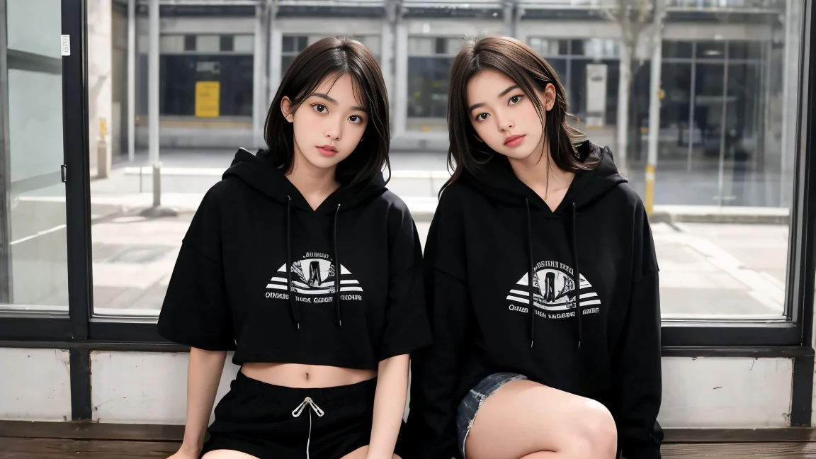deux femmes ensemble de 18 ans sexy et mince , black short sleeve hoodie , salle de classe, se touche,position sey,sensuel