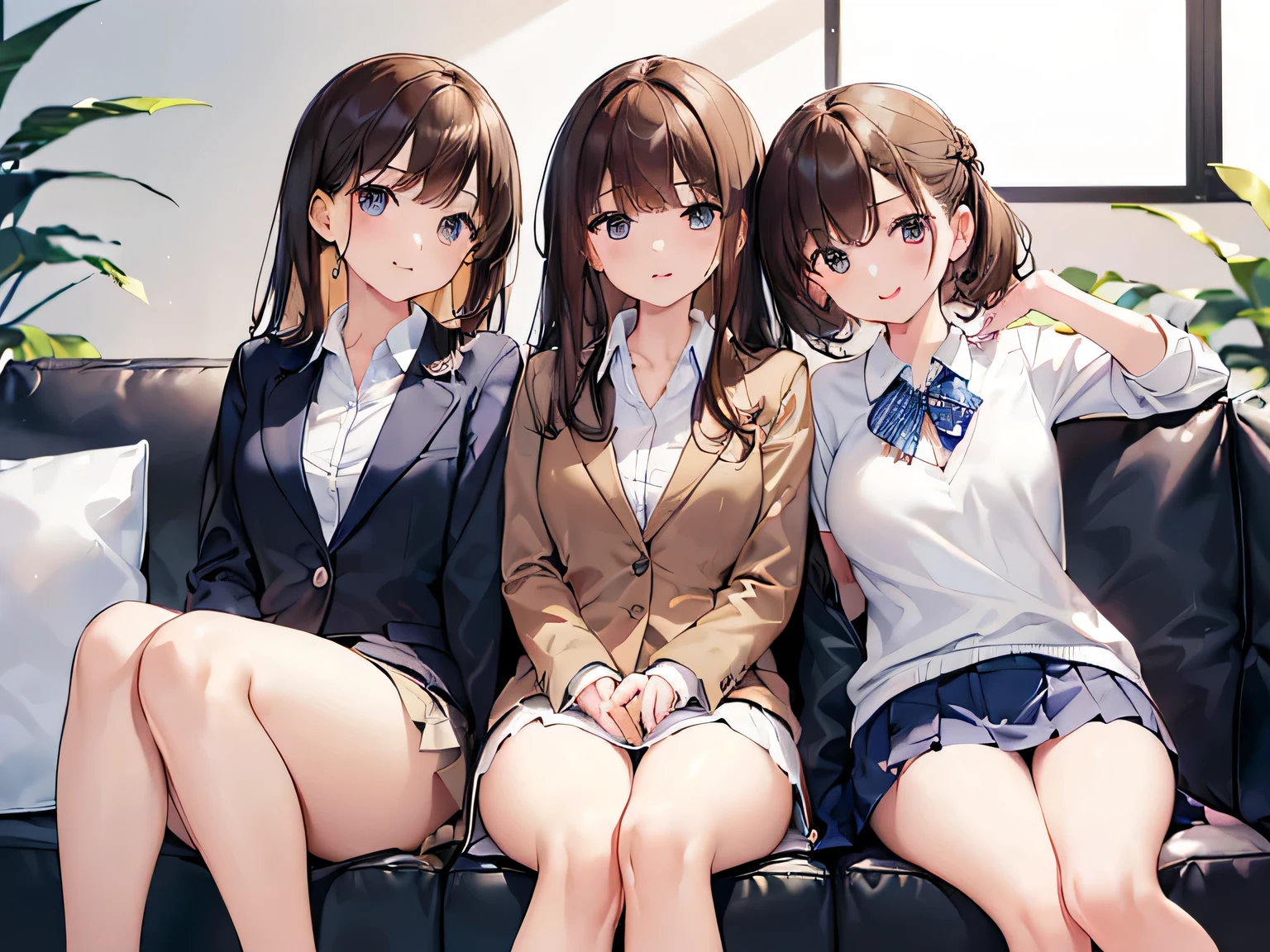 (Masterpiece, highest quality, high resolution, realistic photo, realistic looking skin:1.1), 
(Three women are sitting on a couch in a break room in the office:1.8), 
(all with happy smiling faces:1.5),
(The first person is wearing a gray blazer and a plain white T-shirt, the second person is wearing a navy blue blazer and a white collared shirt, and the third person is wearing a beige blazer and a plain white T-shirt:1.8),
(All are wearing mini-skirts:1.8),
(All are wearing pumps on their feet: 1.8), 
(The first has long black hair, the second has medium brown hair, and the third has long brown hair:1.8),
(The first has a mature face, the second has an age-appropriate face like mid-twenties, and the third has a young face:1.5),
(Location: a couch in a break room in the company:1.5), 
1 Japanese girl, solo, full bodied esbian, beautiful eyes, glowing eyes, glowing thighs, NSFW