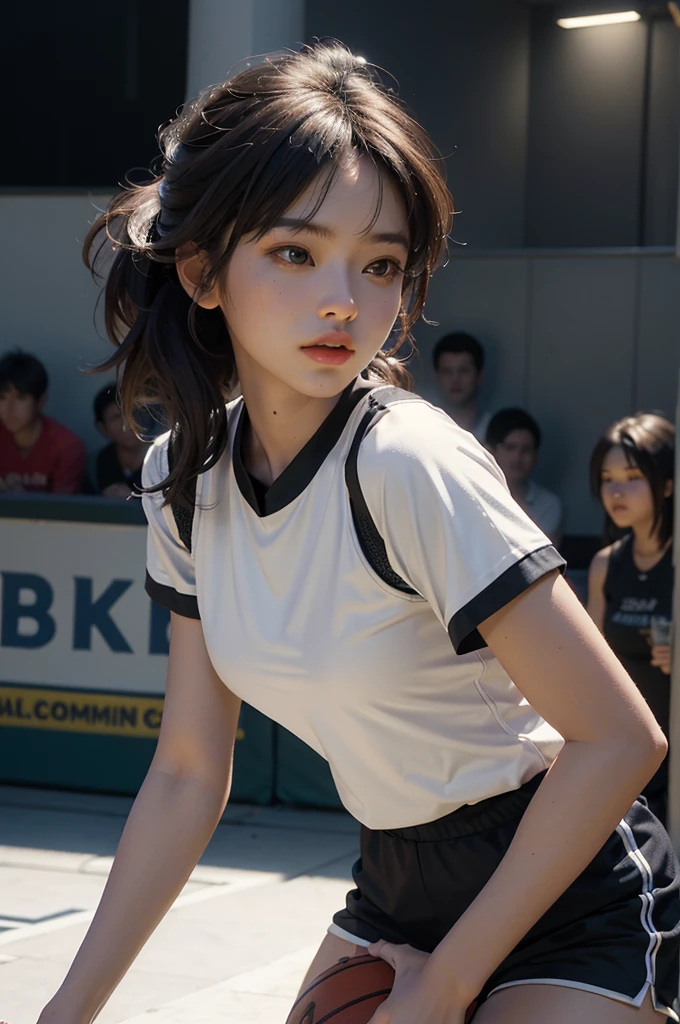 (RAW photo, 4k, masterpiece, high resolution, extremely complex) (realistic: 1.4), cinematic lighting
1 Girl, Solo Focus, Summer Noon, Hot, 1990s\(Style\), (Best Quality), (Highres), (an Extremely Delicate and Beautiful),,(Beautiful 8k face),(Brown eyes),(ulzzang-6500:1.0),(solo),(Looking side),( spectators),(large breasts),(NBA),bent over,,lookside,(side), ,(Basketball sportswear),((Play basketball)),((gymnasium)),((speed)),(reality),