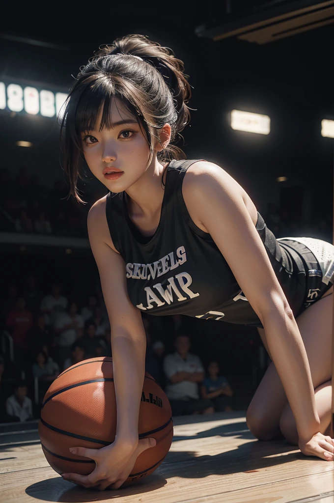 (RAW photo, 4k, masterpiece, high resolution, extremely complex) (realistic: 1.4), cinematic lighting
1 Girl, Solo Focus, Summer Noon, Hot, 1990s\(Style\), (Best Quality), (Highres), (an Extremely Delicate and Beautiful),,(Beautiful 8k face),(Brown eyes),(ulzzang-6500:1.0),(solo),(Looking side),( spectators),(large breasts),(NBA),bent over,,lookside,(side), ,(Basketball sportswear),((Play basketball)),((gymnasium)),((speed)),(reality),