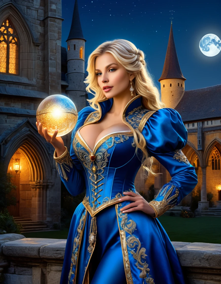 A highly detailed digital painting of a blonde woman in a blue, ornate fantasy outfit, holding a glowing orb, set against a night-time backdrop with a full moon and medieval architecture. Photorealistic, highly detailed, natural lighting, vibrant colors.