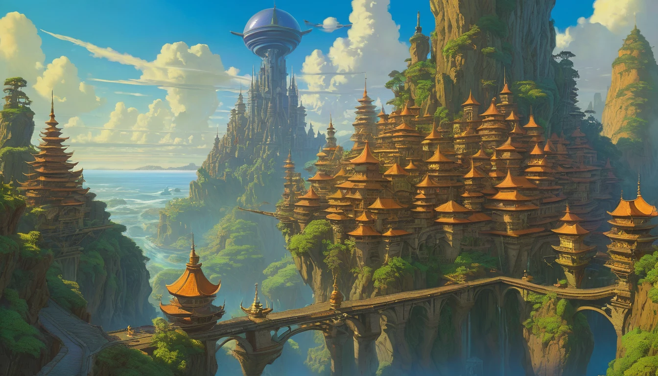 fantasy megalopolis, extremely detailed oil painting, unreal 5 render, rhads, bruce pennington, studio ghibli, tim hildebrandt, digital art, octane render, beautiful composition, trending on artstation, award-winning photograph, masterpiece