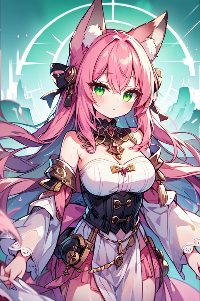 Masterpiece, Top Quality, Very Beautiful Girl, Beautiful Face and Eyes, Beautiful Hair, Solo, 1 Woman, Full Body Drawing, Dynamic Angle, (Armor: 1), pink Hair, Long Hair, Navel Out, Skirt, Perfect Bust, Taut Breasts, Amazing Bust, Huge Breasts, Tall, blue eyes