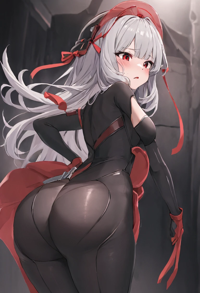 scrltbs, red eyes, long hair, grey hair, bangs, Halation, headgear, red hair ribbon, single shoulder armor, black bodysuit, cleavage, bodystocking, covered navel, black legwear, gloves、Looking back、Turning around、、My butt is facing me、Sad expression、Have red cheeks、squinting slightly、An ennui look、Embarrassed、Sensual、Alluring