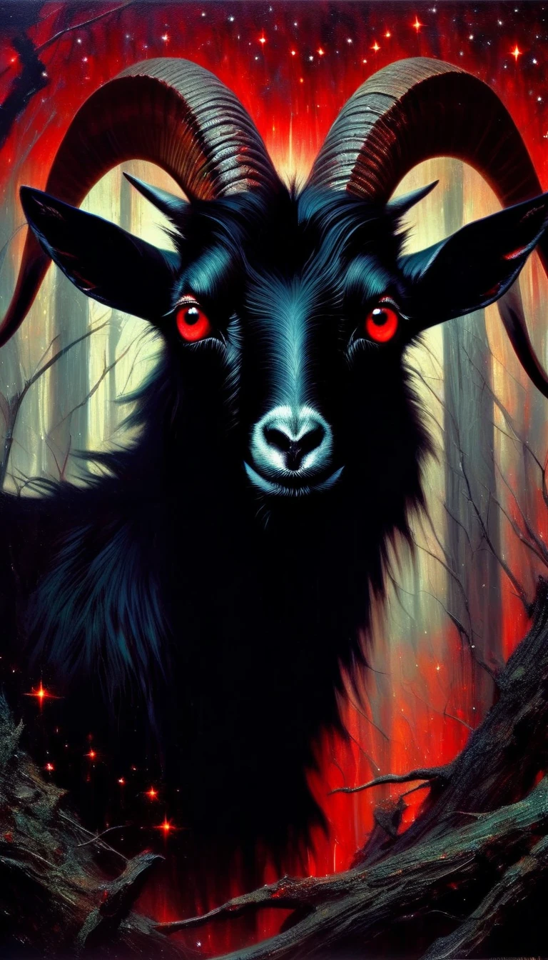 1 big black satanic goat with red eyes and, dark forest, sinister, stars, background, art inspired by Bill Sienkiewicz (best quality,4k,8k,highres,masterpiece:1.2),ultra-detailed,(realistic,photorealistic,photo-realistic:1.37),intricate details,vivid colors,sharp focus,professional,Dave McKean artwork, oil touch of surrealism,oil painting style