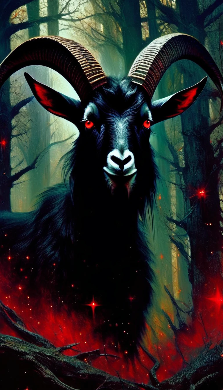 1 big black satanic goat with red eyes and, dark forest, sinister, stars, background, art inspired by Bill Sienkiewicz (best quality,4k,8k,highres,masterpiece:1.2),ultra-detailed,(realistic,photorealistic,photo-realistic:1.37),intricate details,vivid colors,sharp focus,professional,Dave McKean artwork, oil touch of surrealism,oil painting style