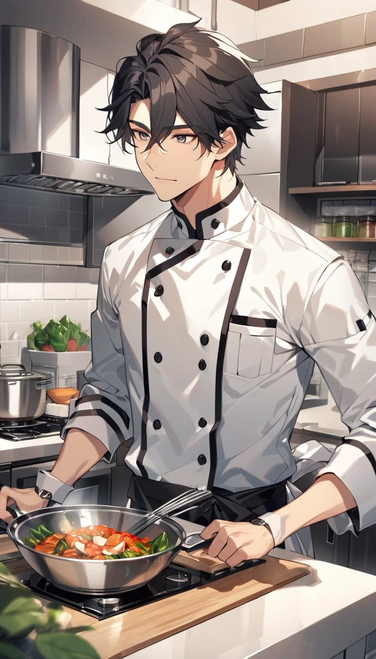 "A handsome young man with black hair, dressed in a professional chef's outfit, is standing in a modern kitchen. He is focused and skillfully preparing a delicious dish, with various cooking utensils and ingredients around him. The background features stainless steel appliances and a well-organized kitchen setup, emphasizing his dedication and expertise in the culinary arts."
