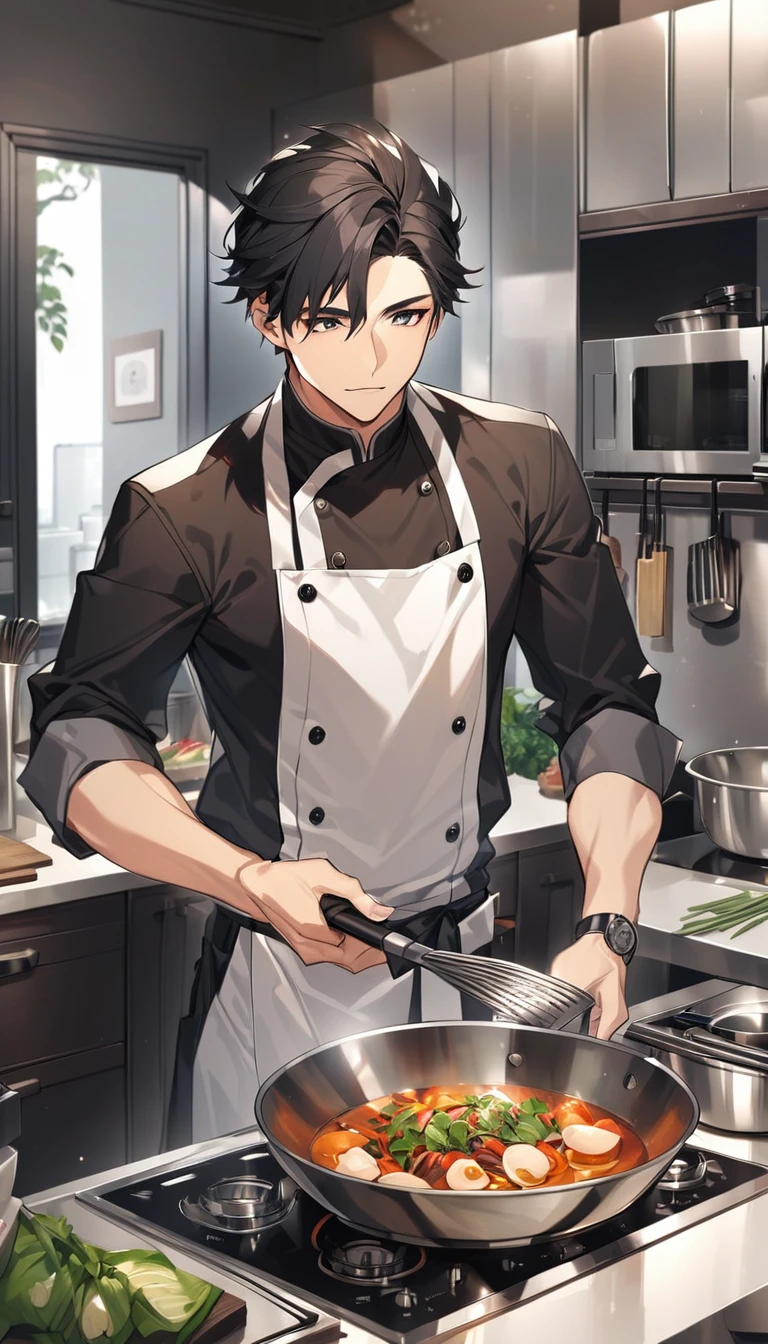 "A handsome young man with black hair, dressed in a professional chef's outfit, is standing in a modern kitchen. He is focused and skillfully preparing a delicious dish, with various cooking utensils and ingredients around him. The background features stainless steel appliances and a well-organized kitchen setup, emphasizing his dedication and expertise in the culinary arts."