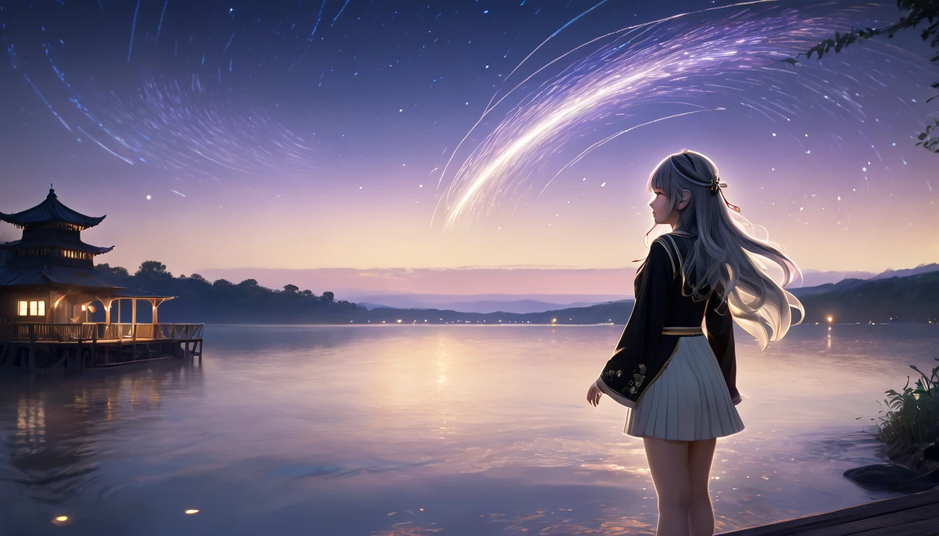 (best quality:1.3), (masterpiece:1.3), (illustration:1.3), (Extremely detailed:1.3), firefly \(Collapse: Star Trails\), 1 Girl, Solitary, Long hair,  Bangs, skirt, Long sleeve, Hair accessories, Gray hair, Black hair band, Medium breasts, Hair between the eyes，Lakeside at night，Bright light