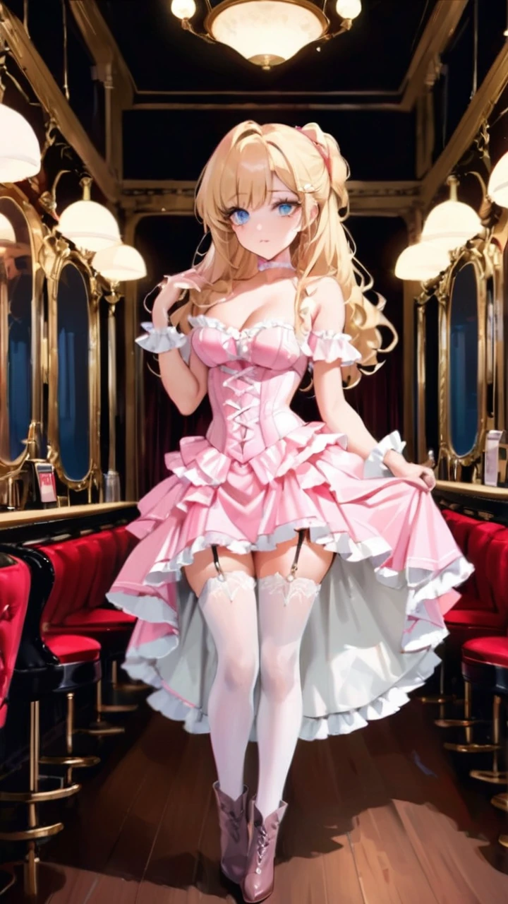 Curls,blonde_hair,blue_eyes,long_eyelashes,long_hair,fringe_bangs,side_curls,fullbody,standing,masterpiece,highress,frilly intricate pink saloon girl dress,knee length skirt,white accents, frilly lace choker,pink corset,lace up heeled boots,stockings,saloon,short at the front center of the skirt,skirt and bodice adorned with ribbons at the front,