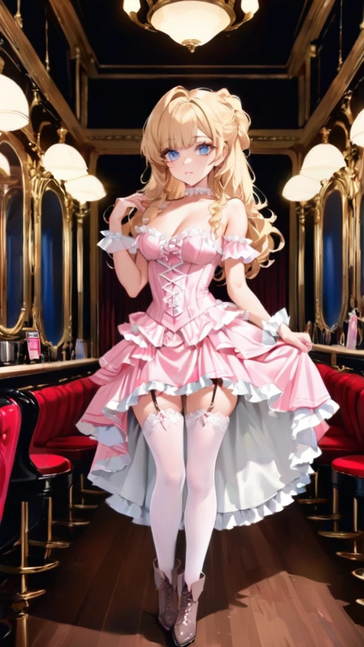 Curls,blonde_hair,blue_eyes,long_eyelashes,long_hair,fringe_bangs,side_curls,fullbody,standing,masterpiece,highress,frilly intricate pink saloon girl dress,knee length skirt,white accents, frilly lace choker,pink corset,lace up heeled boots,stockings,saloon,short at the front center of the skirt,skirt and bodice adorned with ribbons at the front,