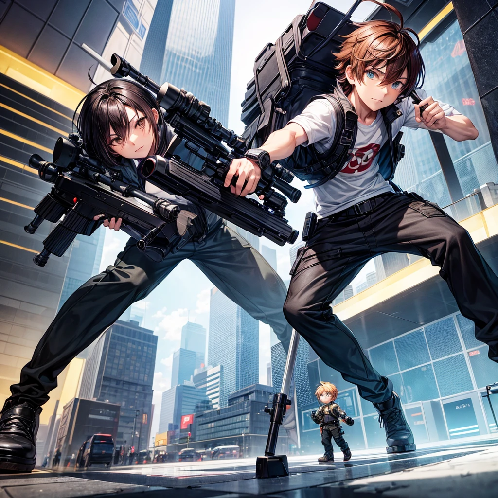 a male character, chibi size,dynamic poses, with a sniper rifle, details on the face, wearing casual clothes, Hair long.