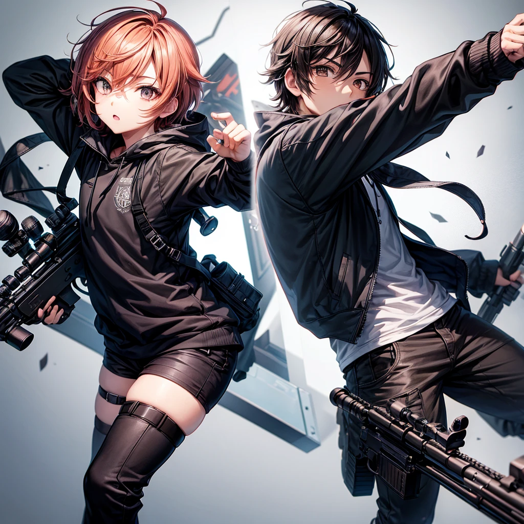 a male character, chibi size,dynamic poses, with a sniper rifle, details on the face, wearing casual clothes, Hair long.