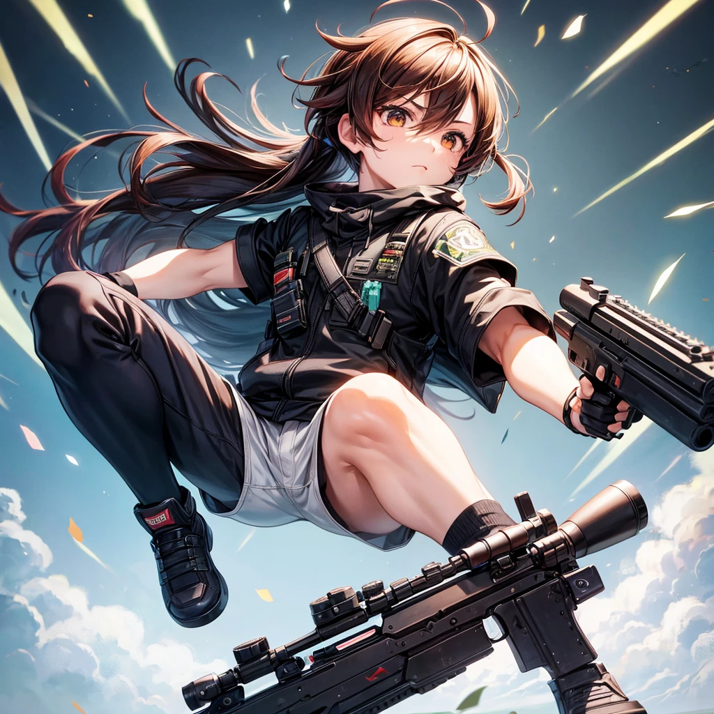 a male character, chibi size,dynamic poses, with a sniper rifle, details on the face, wearing casual clothes, Hair long.