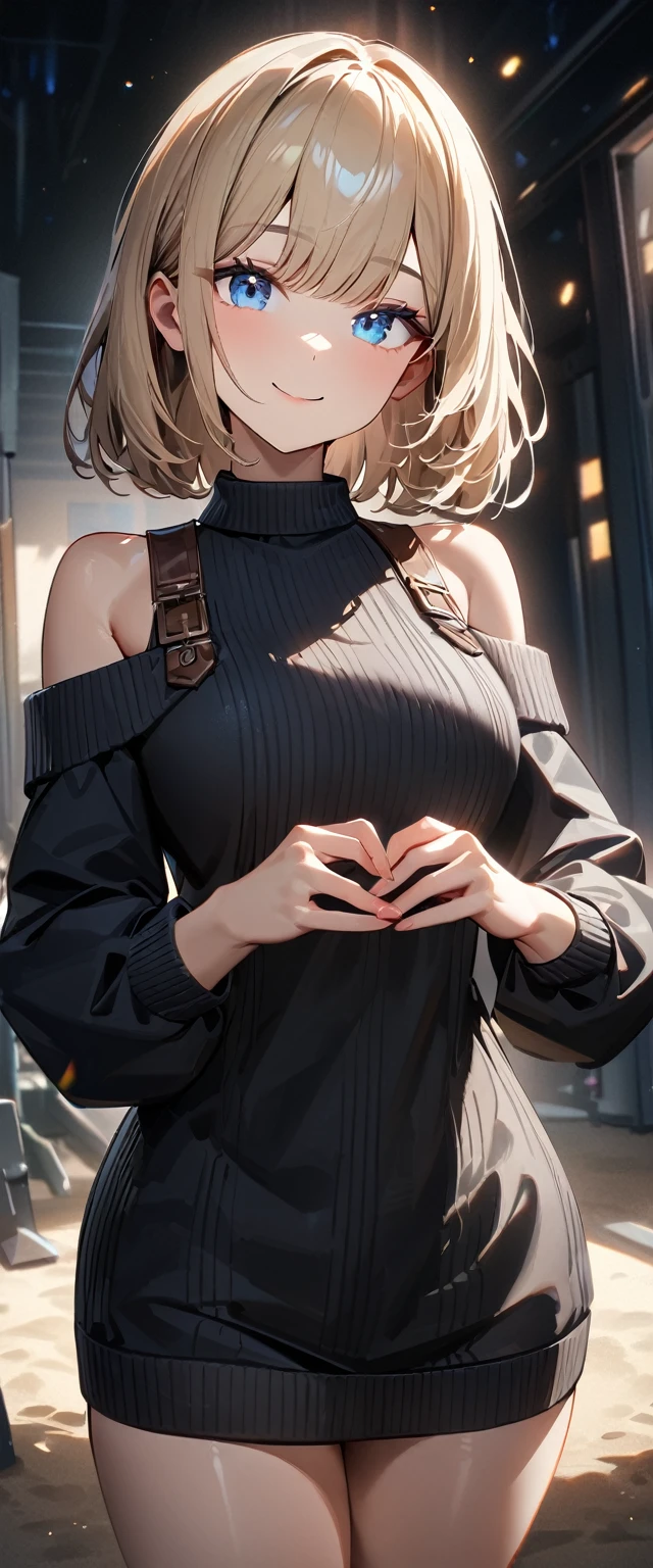 (((One girl))), ((beach)), noon, blond hair, bob cut, breasts, from front, (cowboy shot), standard body, (looking at viewer), ((black sweater)), ((off-shoulder knit sweater dress, Quite thick shoulder straps)), ((long Balloon sleeve)), ager, head tilt:1.3, (((blue eye))), ((happy smile)), anime style, (best quality, 4k, 8k, highres, masterpiece:1.2, ultra-detailed, ultra-detailed eyes, HDR, UHD, studio lighting, ultra-fine painting, sharp focus, physically-based rendering, extreme detail description, professional, vivid colors, bokeh), ((Highest quality, Best image quality, Ultra-high resolution, Ultra-high resolution, solo, Strong eye highlights)), Depth of written boundary, Natural soft light, attractive, Beautiful Face, Cleanliness, Pure Face, nedium chest, Beautiful Face, Perfect Fingers, Perfect hands, Perfect body, Perfect Face, Shine a light into your eyes, Perfect Anatomy