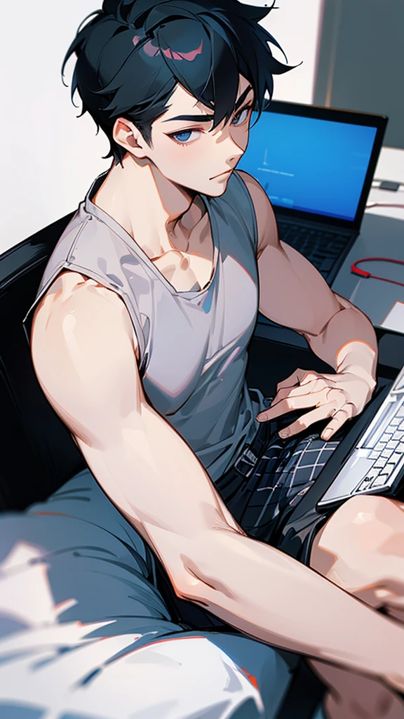 Handsome Asian boy 15 year typing with a kitty cat brow color, dress short pant and top tank, have laptop on the dest, very handsome, best body, bright face