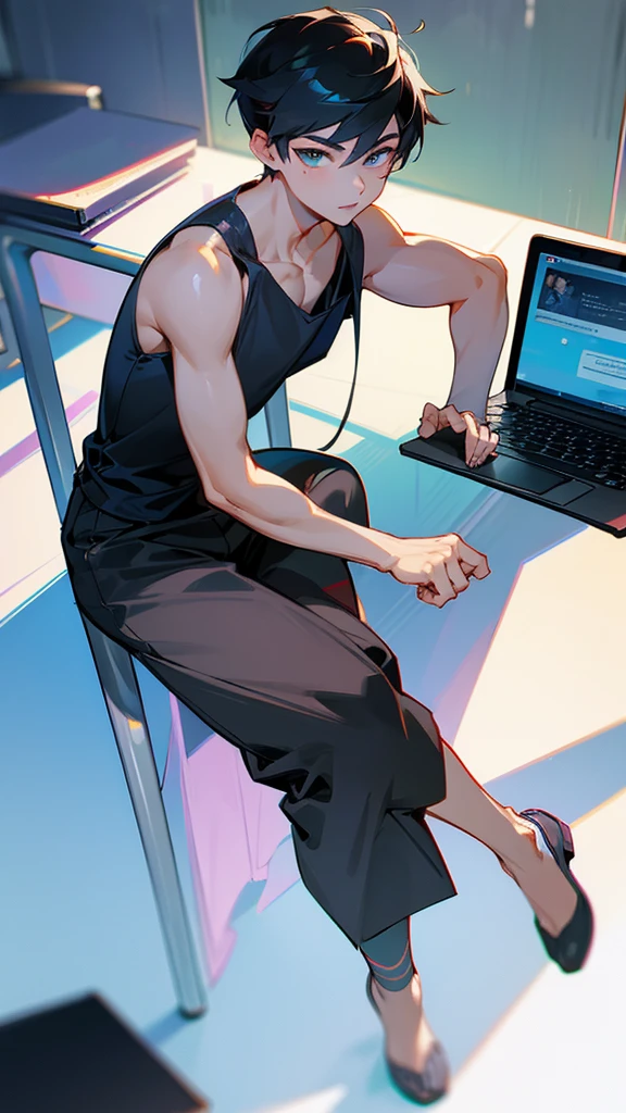 Handsome Asian boy typing with a kitty cat brow color, dress short pant and top tank, have laptop on the dest, very handsome, best body, bright face
