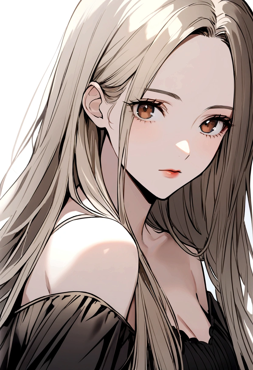 A 26-year-old woman with straight hair, fair skin, brown eyes, attractive gaze, prominent cheekbones, feminine, with a natural beauty, and very clear photos.