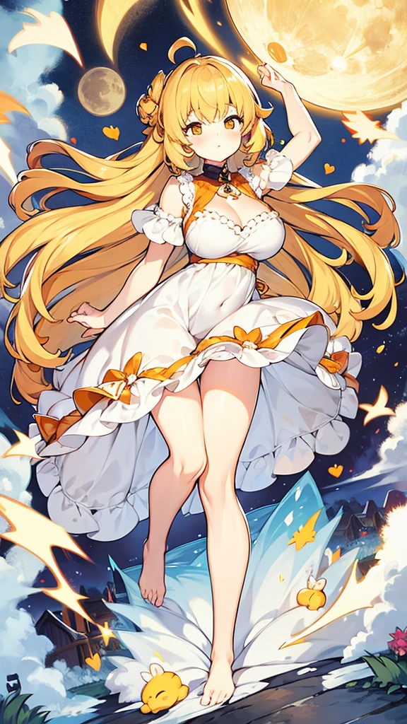 Full body, cute, baby face, big breasts, honey blonde hair, orange eyes, full moon, bed, white dress, sleeping, 1 person