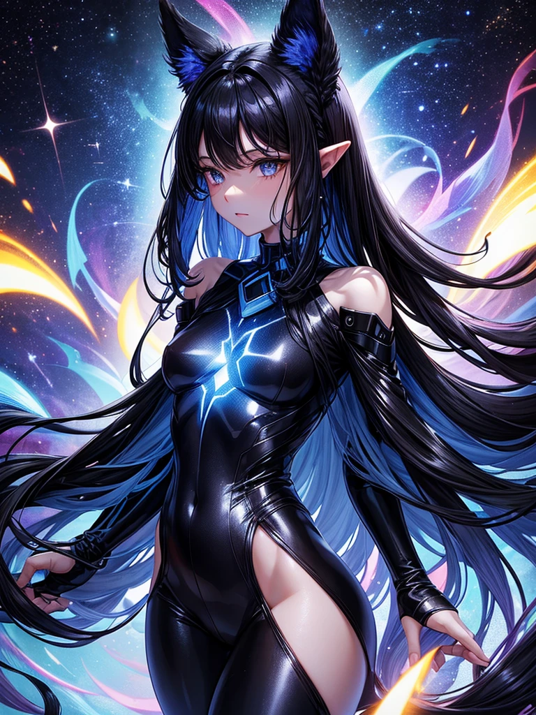 Black long hair black eyes glowing galaxy side ears glowing galaxy neck fluff wearing dark blue galaxy bodysuit dark blue galaxy bodyauit socks and have glowing galaxy tail