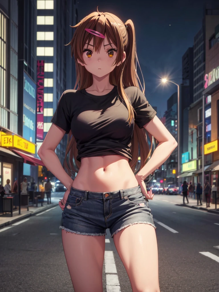 Girl, slim tight t-shirt, black thong, navel shown, street background, openlegs, in Sneakers, night 