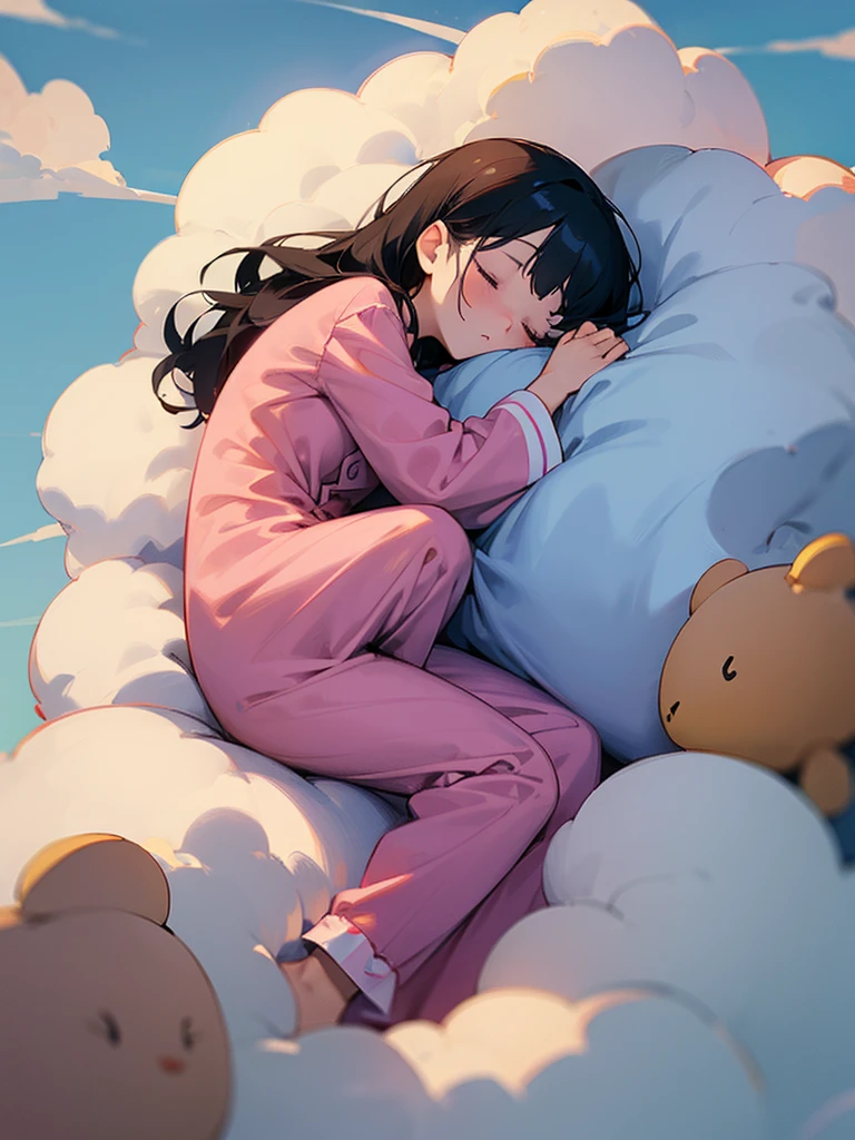 ((Girl sleeping on a cloud)) pajamas holding a stuffed animal
