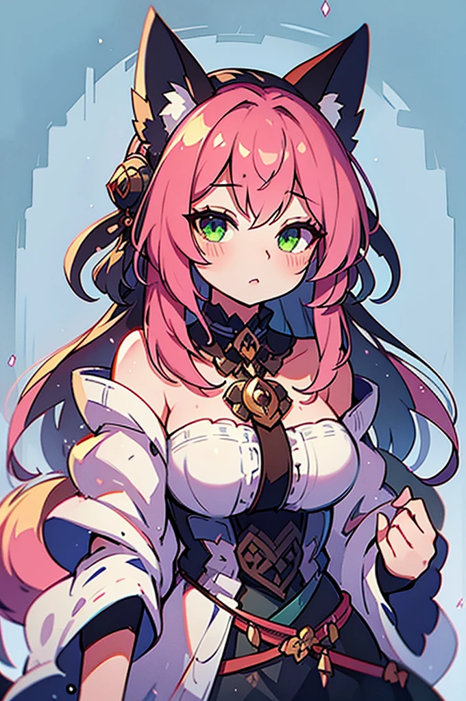1woman, solo, long hair, pink hair, black choker, green eyes, eyeliner, gorgeous lips, cinematic, (masterpiece), (best quality), (ultra-detailed), very aesthetic, illustration, perfect composition, intricate details, absurdres, detailed face, motion blur, depth of field,detailed skin, eyeshadow, fox girl, fox tail, fox ears, wet, towel on the body