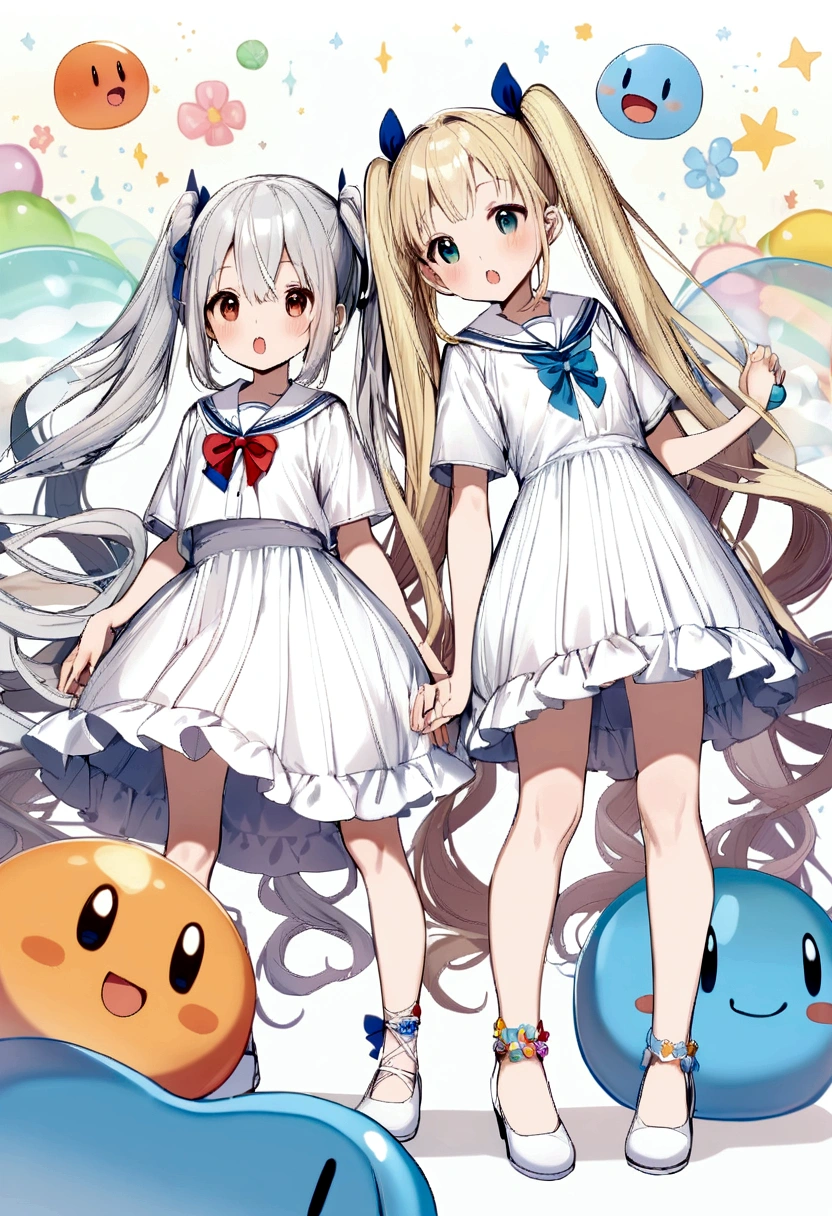 Two Girls, Puni, Silver Hair, Blonde, Very Long Hair, Twin tails, Sailor collar, White dress with frills, White low heels