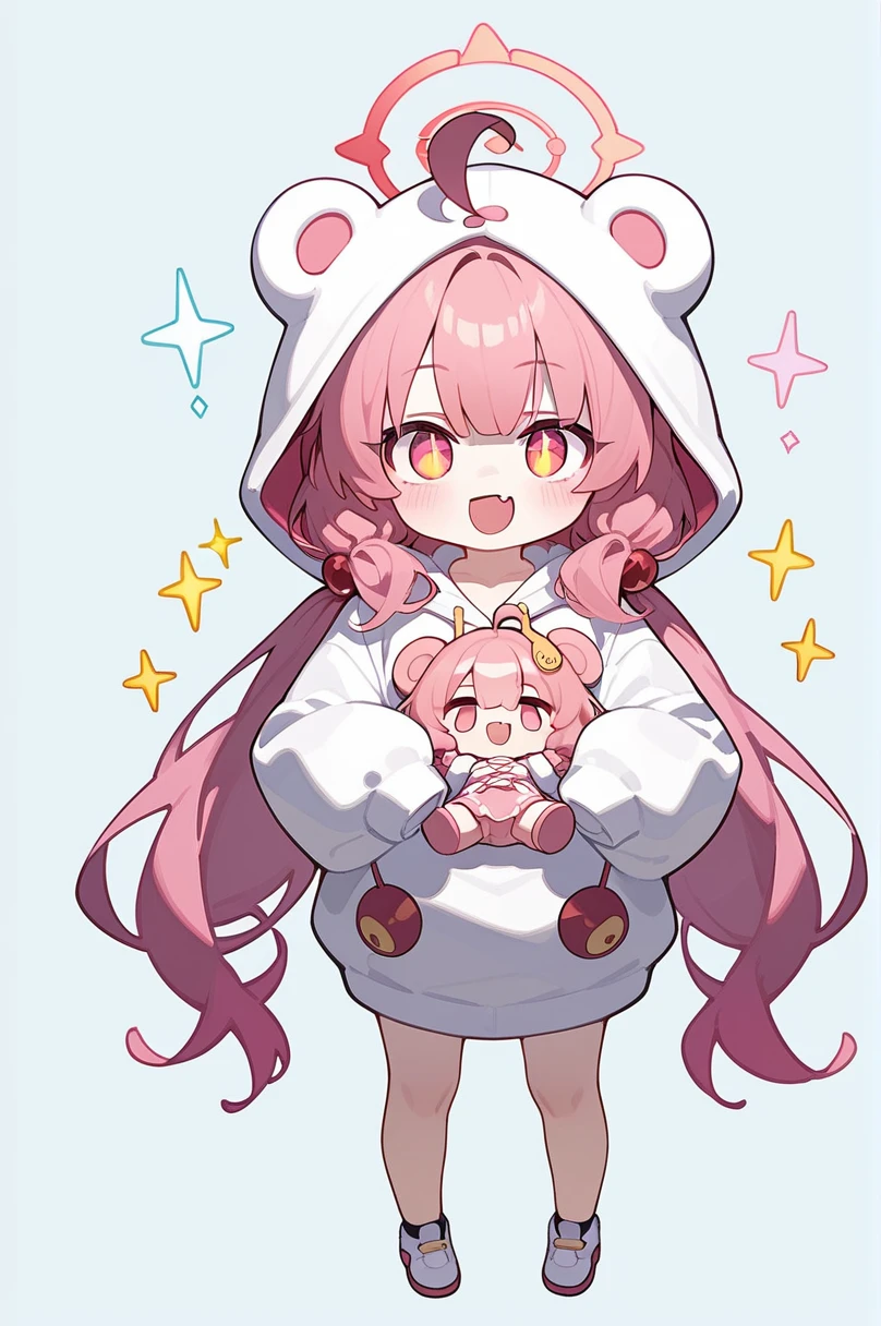 score_9,score_8_up,score_7_up,1girl,aru (blue archive),fang,pink hair,solo,twintails,hood,ahoge,long hair,chibi,low twintails,hair ornament,bangs,blush,smile,standing,full body,very long hair,open mouth,facing viewer,hair bobbles,hoodie,stuffed toy,long sleeves,hood up,stuffed animal,:d,skin fang,white hoodie,holding,simple background,=_=,sparkle,sleeves past fingers,animal hood,