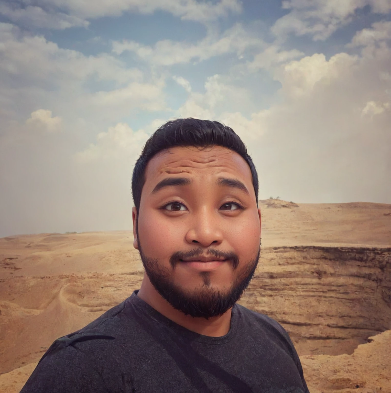 Create a realistic full body 4D cartoon character with a big head, an 20 year old indonesian man 