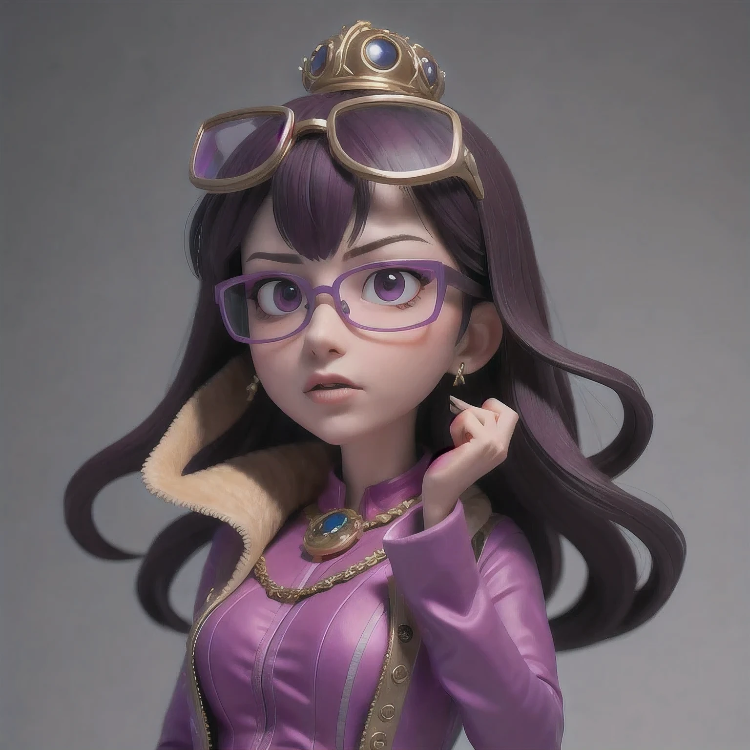 Purple Powder Queen, wear glasses
