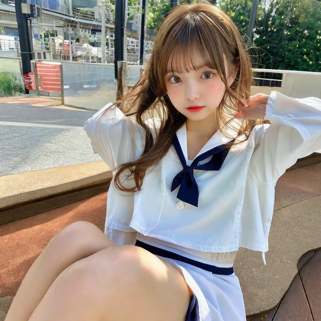 Sitting pose、Sailor suit、Light brown hair、{Medium-long hair}、、1 girl, Realistic Young Gravure Idol, Young Sensual Gravure Idol, Young and cute gravure idol, Japanese Model, Nara Yoshitomo, Young Gravure Idol, Real fleshy gravure idol, A sophisticated gravure idol, Japanese Goddess, Beautiful Asian Girl, 8K,