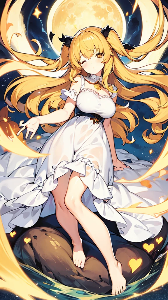 Full body, cute, baby face, big breasts, honey blonde hair, orange eyes, full moon, bed, white dress, sleeping, 1 person