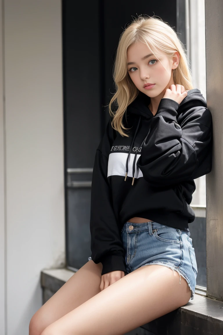 deux femmes blonde ensemble de 18 ans sexy et mince , black short sleeve hoodie , salle de classe, se touche,position sey,sensuel