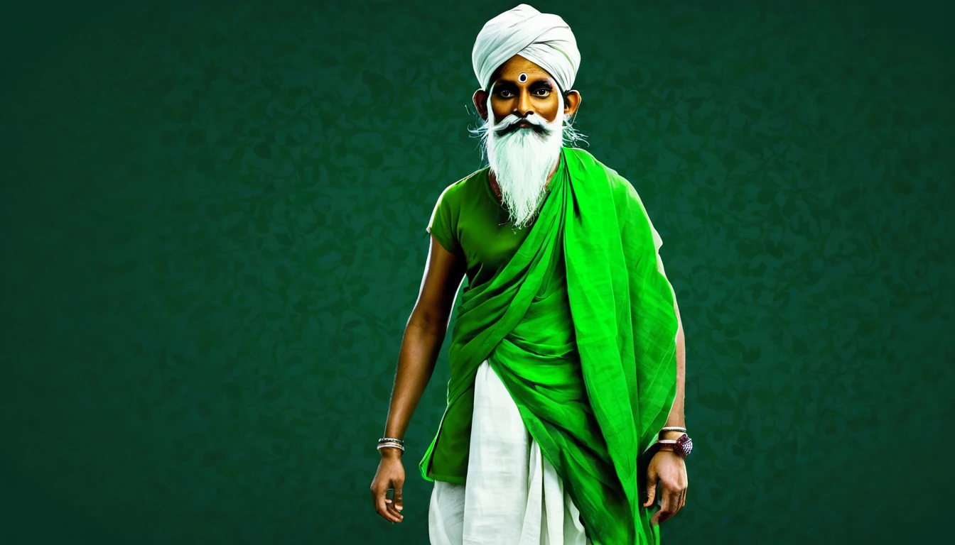 Create a digital artwork of a character inspired by the 'mamdo bhoot' from Bengali folklore. The character should have a green, thin body with exaggerated features such as large ears, white long beard, a white muslin cap, and a traditional lungi. The face should be non expressive. The background should complement the character with a dark, monochromatic theme, using shades of green to enhance the folklore aesthetic. The overall design should be playful yet respectful of the cultural origins, capturing the whimsical essence of the 'Brahmodaittyo' legend."