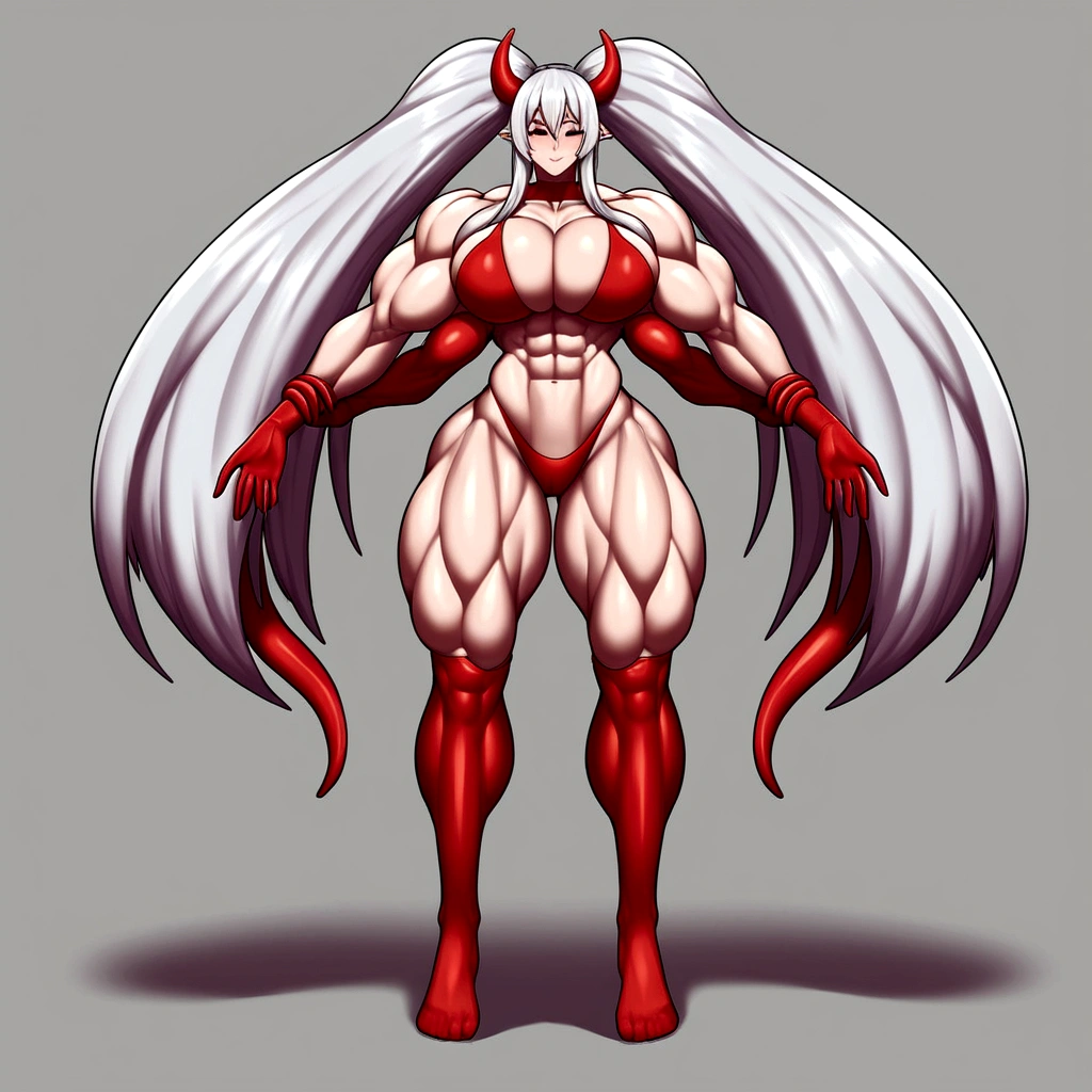 Tentacle girl, white long hair, gigantic muscular body, gigantic penis with big balls, 4 arms, full body.