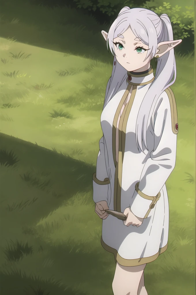 masterpiece, best quality, (illustration), fully naked, solo, Frieren, pointy ears, twintails, green eyes, elf, long hair, white hair, thick eyebrows, parted bangs, breasts, standing