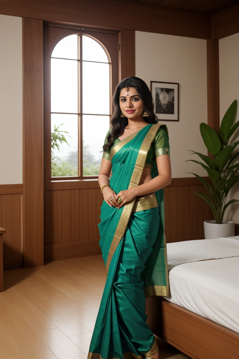 /imagine prompt: 34-year-old lady with chubby cheeks wearing a blouse and saree in a bedroom, her saree is a deep green with gold borders, the bedroom features a large window letting in natural light, with wooden furniture and indoor plants, the scene feels refreshing and comforting, Digital Art, with detailed textures and lighting effects to enhance the natural ambiance, --ar 16:9 --v 5