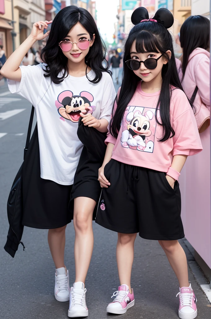 Funnily characters, disney pixar style,3d ,with half-curled black hair,korean black eyes, rosy cheek and light pink glasses,an ALL star sneaker