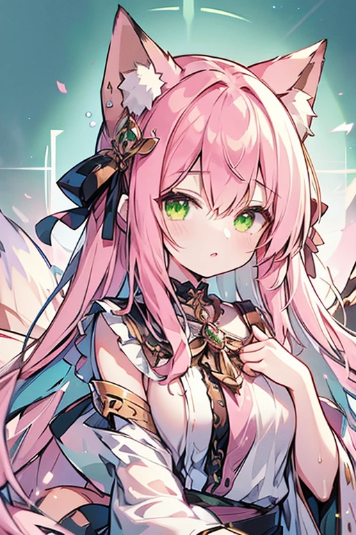 1woman, solo, long hair, pink hair, black choker, green eyes, eyeliner, gorgeous lips, cinematic, (masterpiece), (best quality), (ultra-detailed), very aesthetic, illustration, perfect composition, intricate details, absurdres, detailed face, motion blur, depth of field,detailed skin, eyeshadow, fox girl, fox tail, fox ears, wet, towel on the body