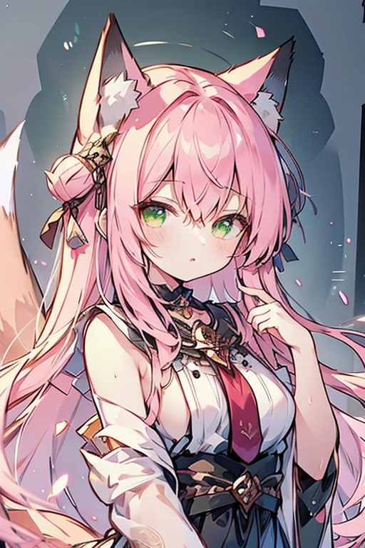 1woman, solo, long hair, pink hair, black choker, green eyes, eyeliner, gorgeous lips, cinematic, (masterpiece), (best quality), (ultra-detailed), very aesthetic, illustration, perfect composition, intricate details, absurdres, detailed face, motion blur, depth of field,detailed skin, eyeshadow, fox girl, fox tail, fox ears, wet, towel on the body