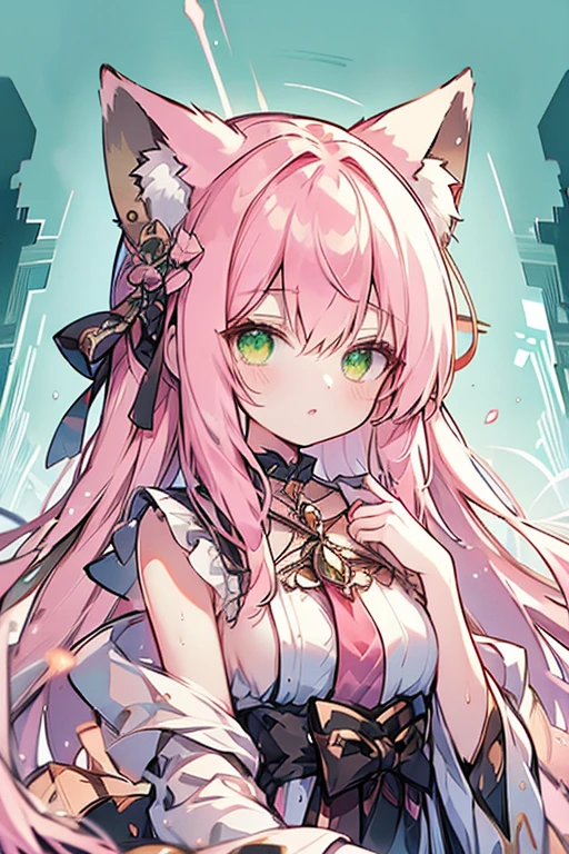 1woman, solo, long hair, pink hair, black choker, green eyes, eyeliner, gorgeous lips, cinematic, (masterpiece), (best quality), (ultra-detailed), very aesthetic, illustration, perfect composition, intricate details, absurdres, detailed face, motion blur, depth of field,detailed skin, eyeshadow, fox girl, fox tail, fox ears, wet, towel on the body