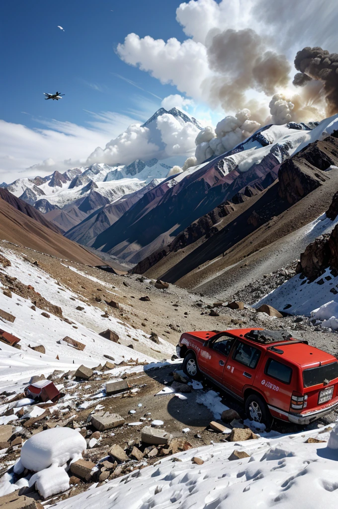The plane crashing violently into the jagged, snow-covered peaks of the Andes, debris flying, and flames engulfing the wreckage, evoking terror.