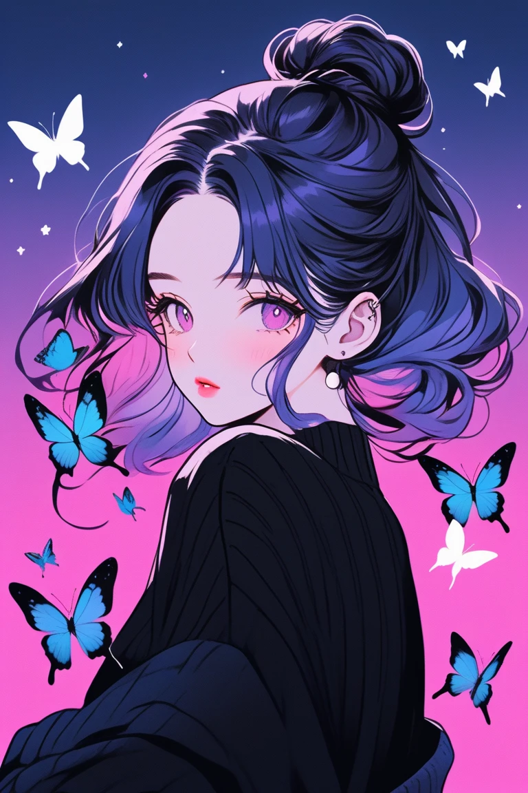 (Highest quality, sketch:1.2),Realistic,Illustrator,anime,1 Girl, Detailed lips,sweater,custom,Pink gradient background,Neon Hair,Texture Cropping,masterpiece, Style: Retro Classic, Dark Black、Braid、Under the Moon、black and purple hair、Beautiful Book、Blue butterfly hair ornament