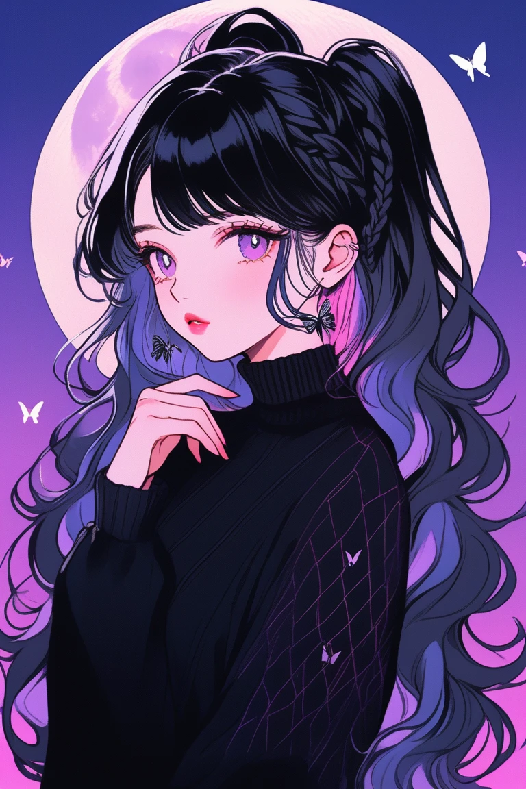 (Highest quality, sketch:1.2),Realistic,Illustrator,anime,1 Girl, Detailed lips,sweater,custom,Pink gradient background,Neon Hair,Texture Cropping,masterpiece, Style: Retro Classic, Dark Black、Braid、Under the Moon、black and purple hair、Beautiful Book、Blue butterfly hair ornament