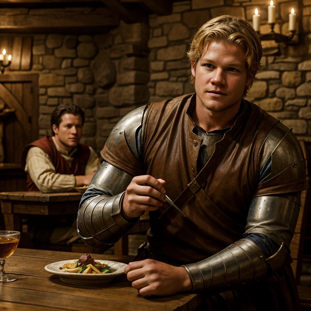 Christopher Egan as a handsome medieval knight sits at a table in a tavern, in front of him is a fat, obsequious innkeeper