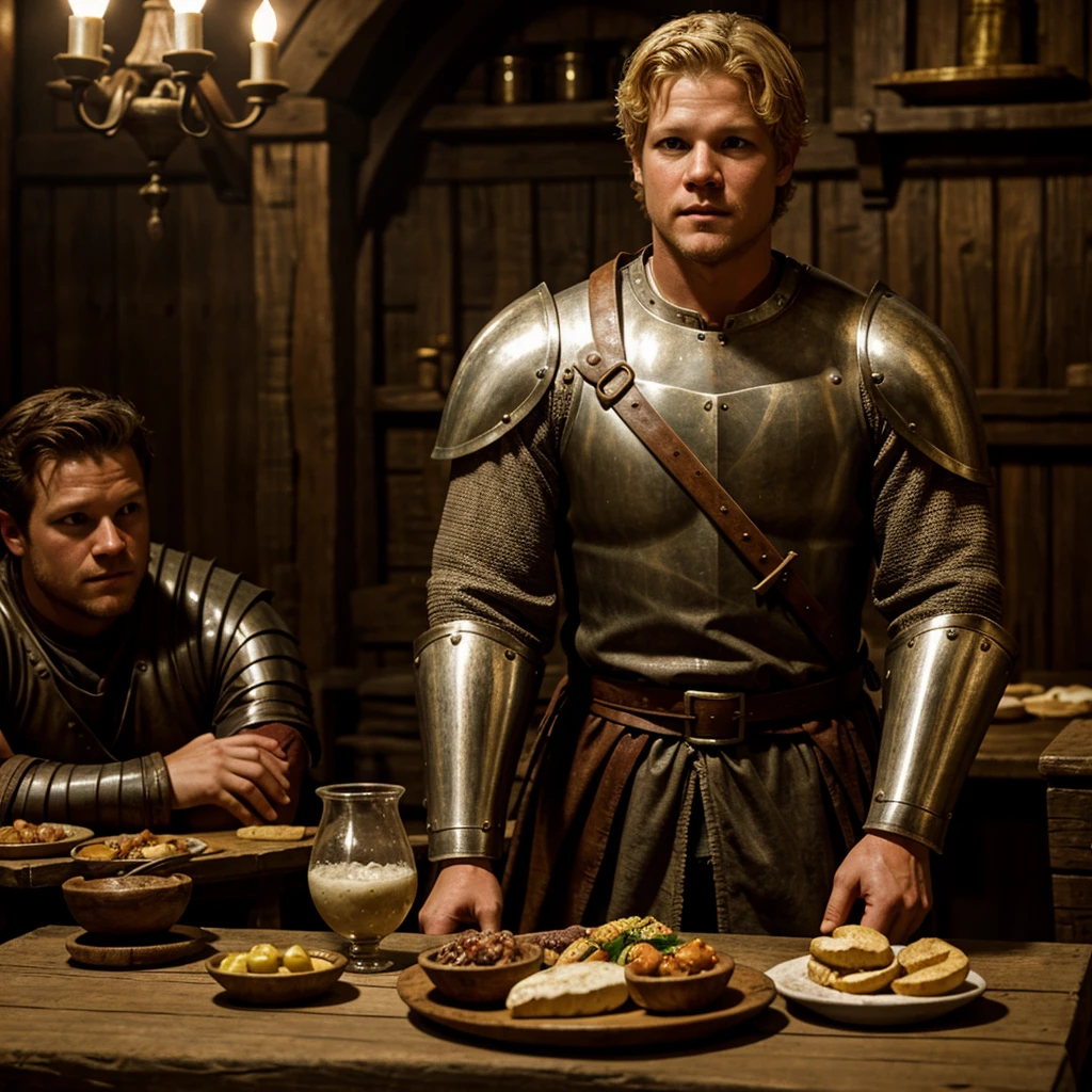 Christopher Egan as a handsome medieval knight sits at a table in a tavern, in front of him is a fat, obsequious innkeeper